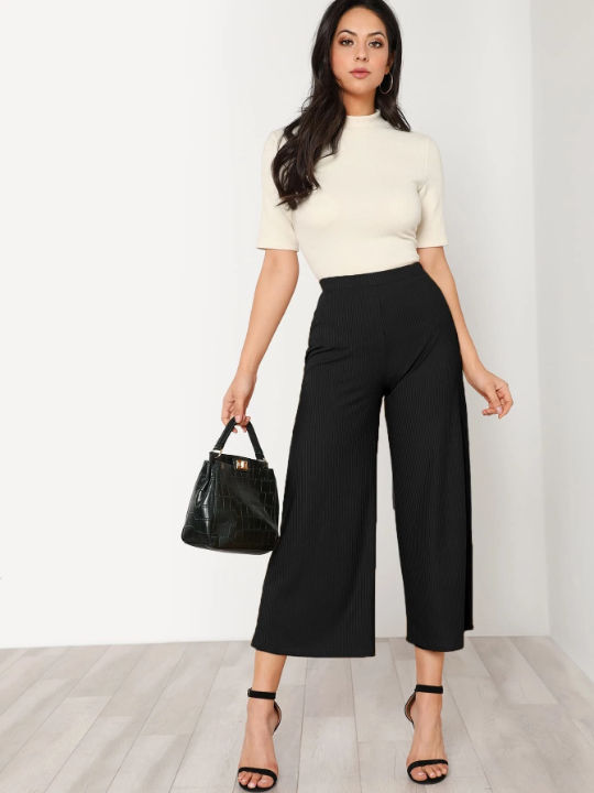 BIZwear Elastic Waist Solid Culotte Pants Workwear