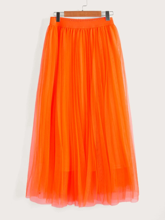 Mulvari Neon Orange Wide Waist Pleated Mesh Skirt