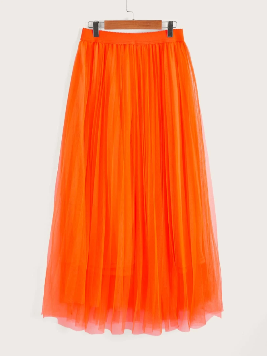 Mulvari Neon Orange Wide Waist Pleated Mesh Skirt