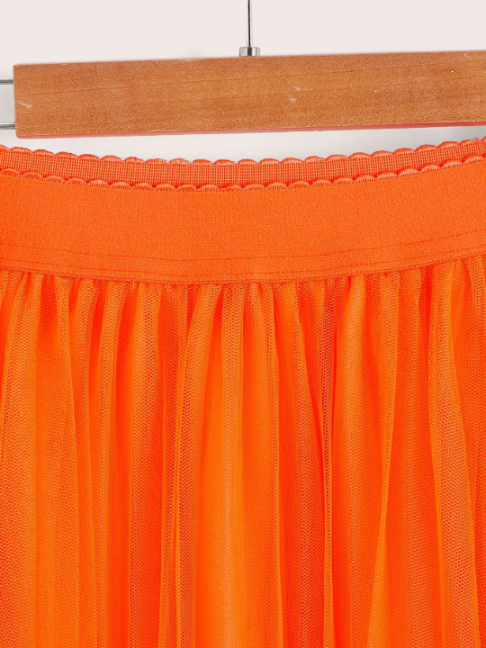 Mulvari Neon Orange Wide Waist Pleated Mesh Skirt