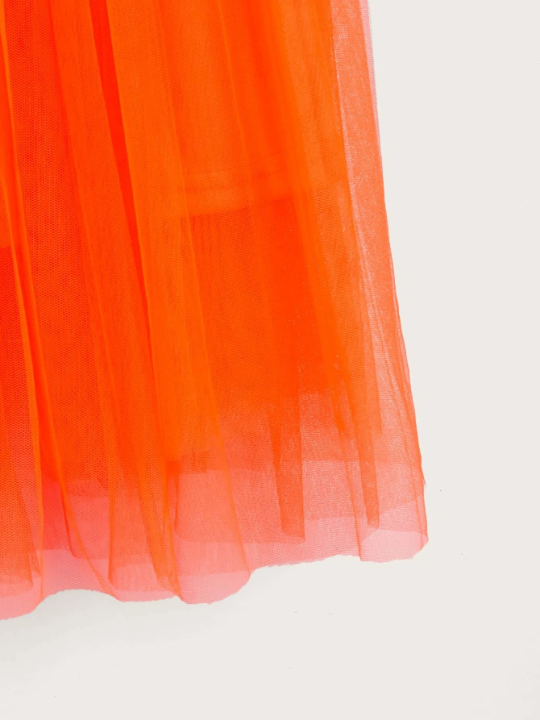 Mulvari Neon Orange Wide Waist Pleated Mesh Skirt