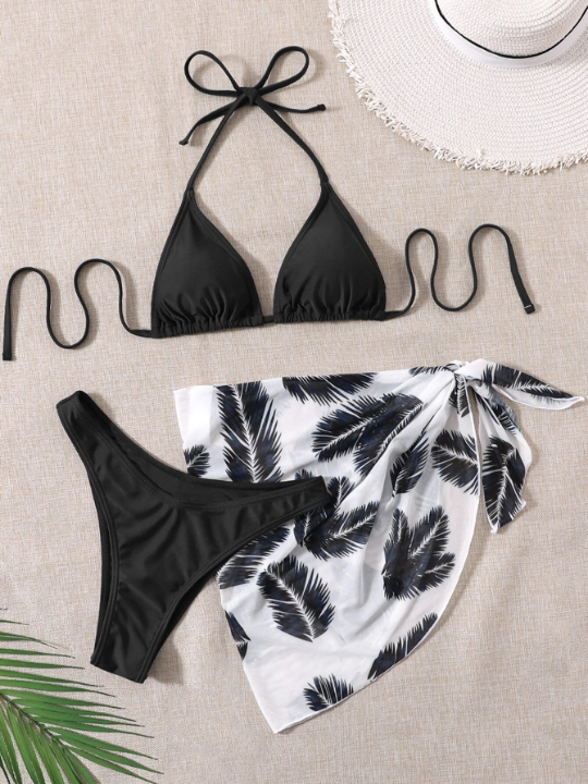 Swim Vcay 3pack Halter Triangle Bikini Swimsuit & Plant Print Beach Skirt