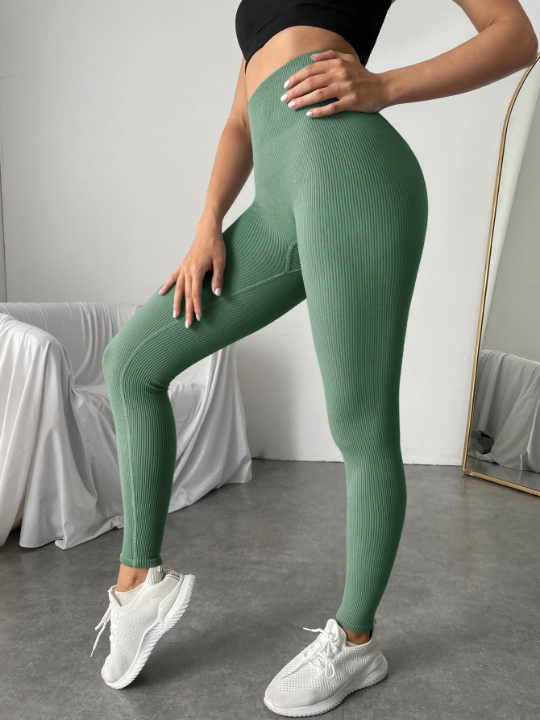 Yoga Basic Yoga Leggings Seamless Rib-Knit Tummy Control Training Tights With Wide Waistband