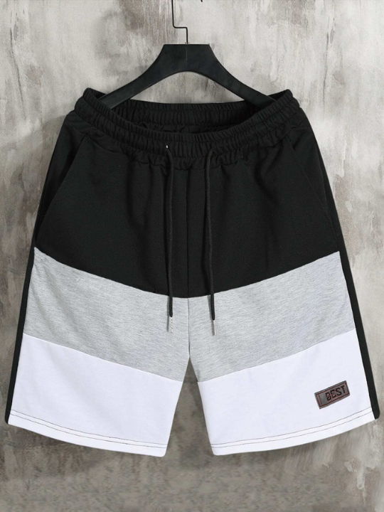 Manfinity Homme Loose Men's Colorblock Letter Patched Detail Shorts With Drawstring Waist