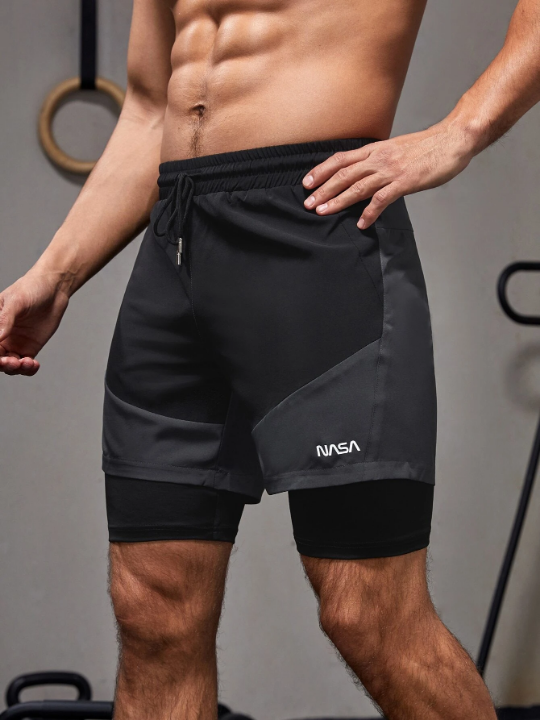 Sport PWRUP Men Letter Graphic Drawstring Waist 2 In 1 Sports Shorts