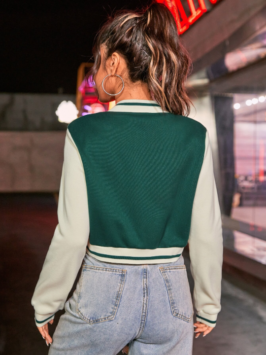 EZwear Letter Patched Crop Varsity Jacket