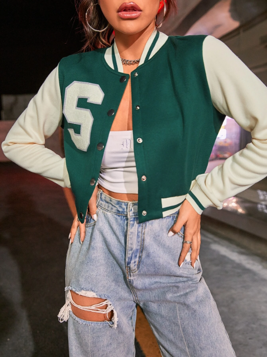 EZwear Letter Patched Crop Varsity Jacket