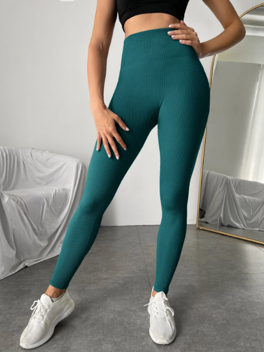 Yoga Basic Wide Waistband Rib-knit Sports Leggings