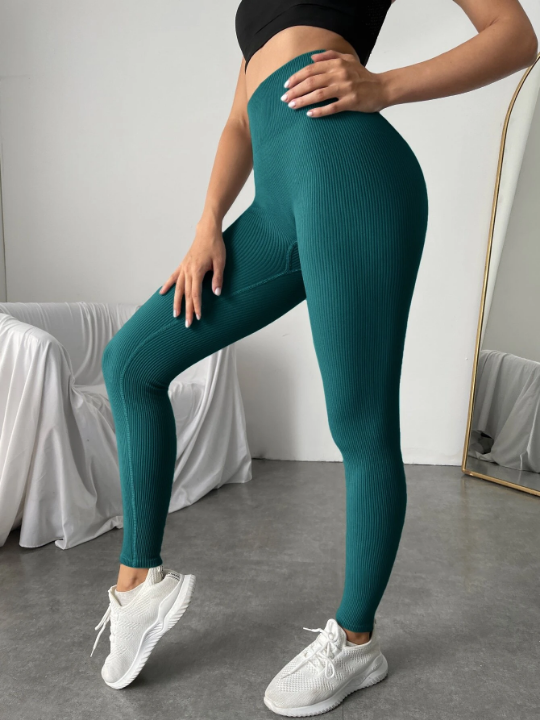 Yoga Basic Wide Waistband Rib-knit Sports Leggings