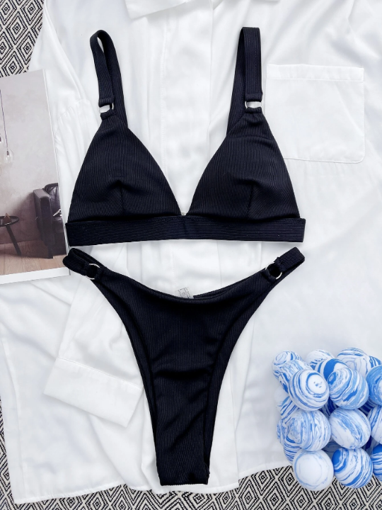 Swim Basics Rib Ring Linked High Cut Bikini Swimsuit