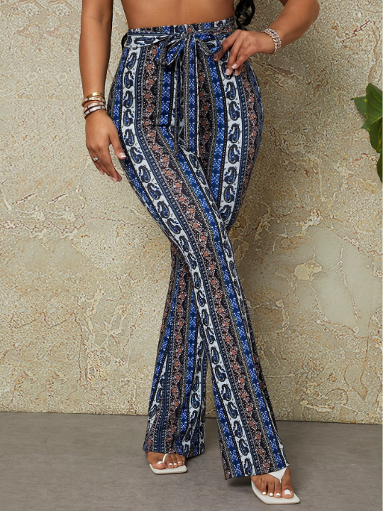 SXY Floral & Paisley Print Knot Front Flare Leg Pants