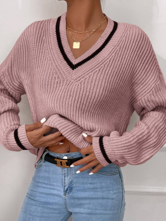 Frenchy Striped Trim Drop Shoulder Cricket Sweater