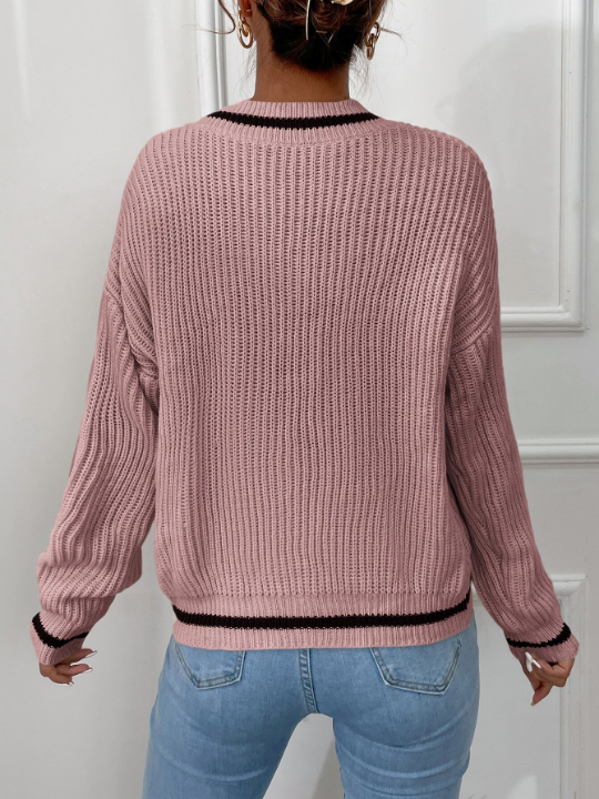 Frenchy Striped Trim Drop Shoulder Cricket Sweater