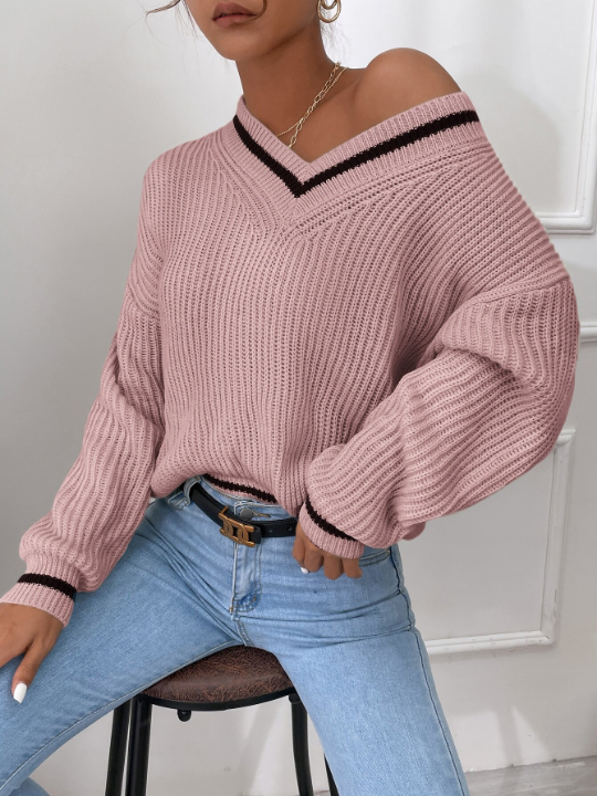 Frenchy Striped Trim Drop Shoulder Cricket Sweater