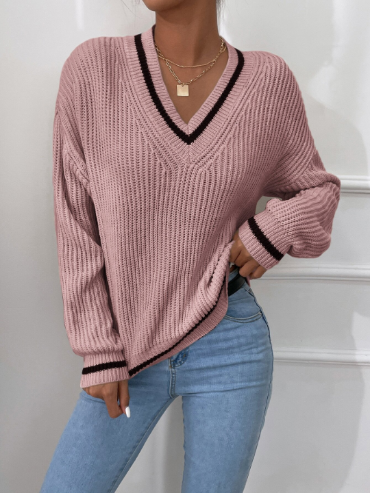 Frenchy Striped Trim Drop Shoulder Cricket Sweater