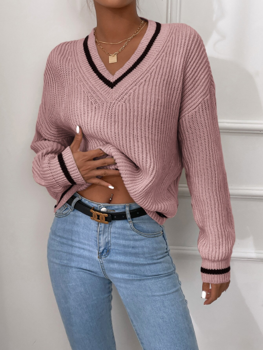 Frenchy Striped Trim Drop Shoulder Cricket Sweater