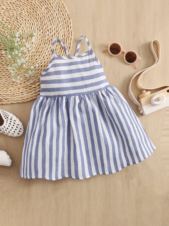 Baby Girl Striped Shirred Crisscross Back Cami Dress