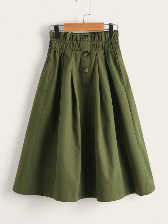 Tween Girl Casual And Elegant Solid Color Paper Bag Waist Flared Midi Skirt