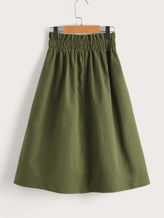 Tween Girl Casual And Elegant Solid Color Paper Bag Waist Flared Midi Skirt