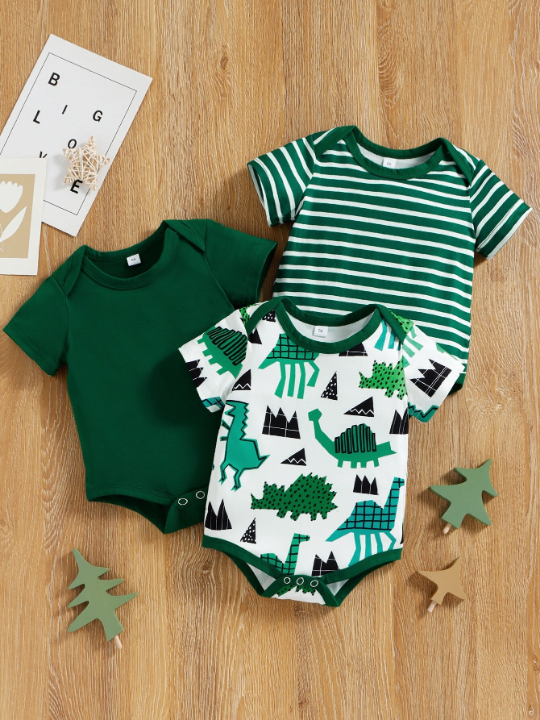 Baby Boy 3pcs Striped And Cartoon Dinosaur Bodysuit