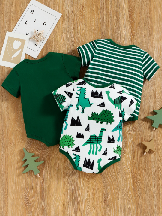 Baby Boy 3pcs Striped And Cartoon Dinosaur Bodysuit