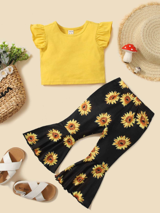 Baby Ruffle Sleeve Tee & Sunflower Print Flare Leg Pants