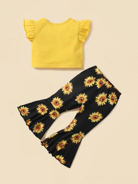 Baby Ruffle Sleeve Tee & Sunflower Print Flare Leg Pants