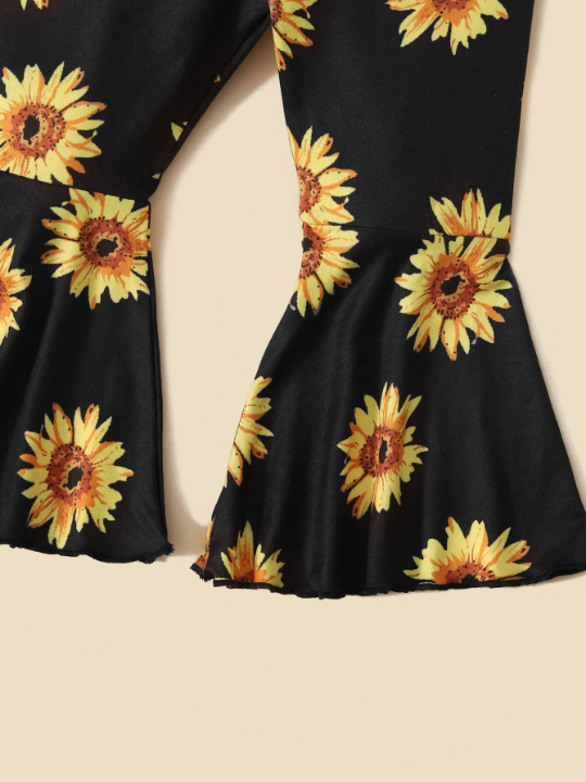 Baby Ruffle Sleeve Tee & Sunflower Print Flare Leg Pants