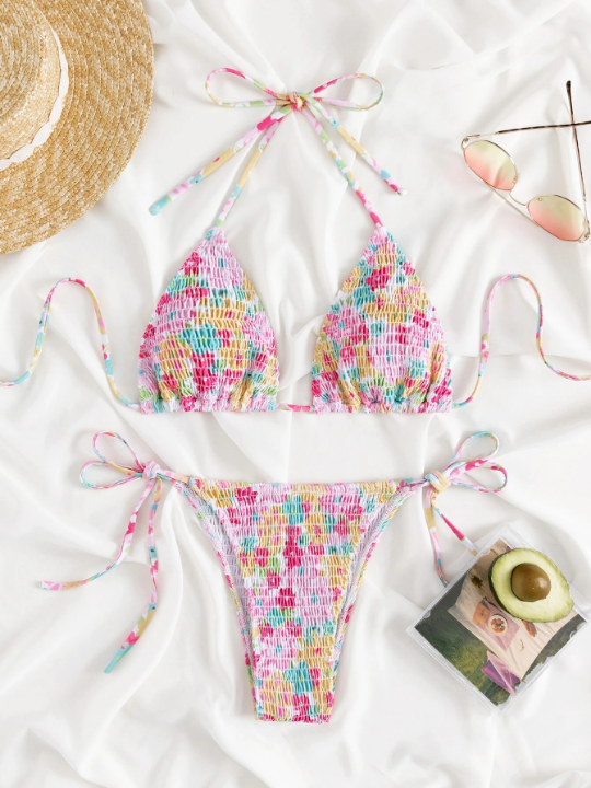 Random Floral Print Halter Smocked Tie Side Bikini Swimsuit