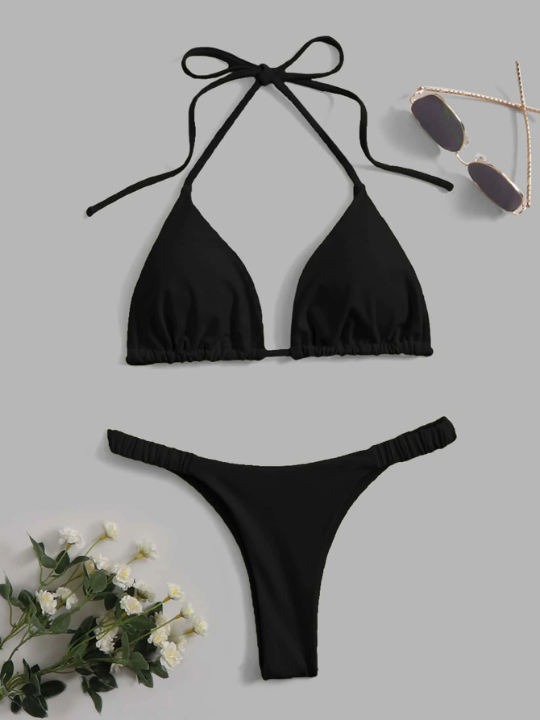 Swim Basics Solid Bikini Set Halter Triangle Bra & Thong 2 Piece Bathing Suit