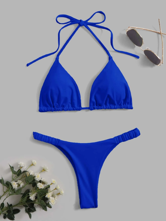 Swim Vcay Tie Backless Halter Triangle Bikini Swimsuit