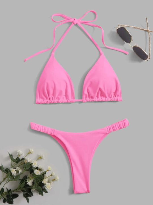 Swim Vcay Solid Bikini Set Halter Triangle Bra & Thong 2 Piece Bathing Suit