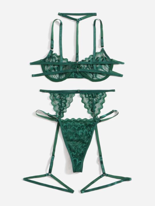 ROMWE Kawaii 3pack Floral Lace Underwire Garter Lingerie Set