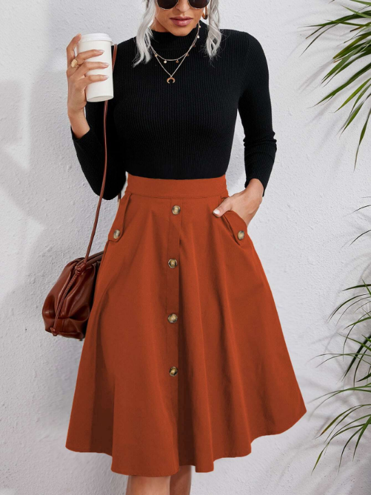 VCAY Solid Single Breasted Flare Skirt