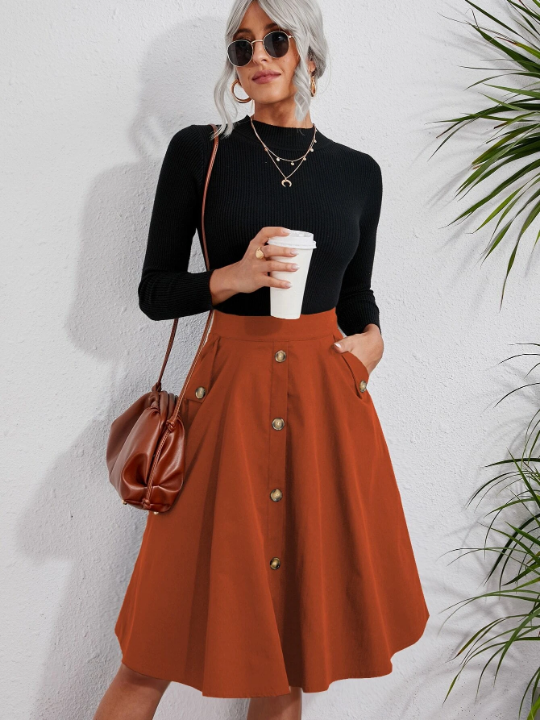 VCAY Solid Single Breasted Flare Skirt