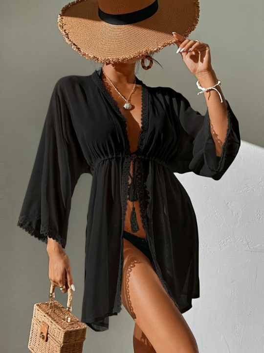 Swim Vcay Contrast Lace Tie Front Kimono