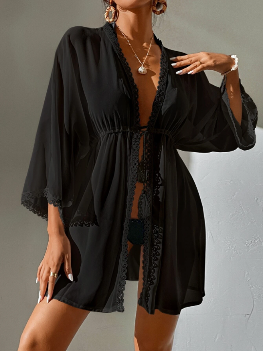 Swim Vcay Contrast Lace Tie Front Kimono