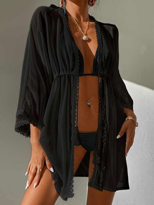 Swim Vcay Contrast Lace Tie Front Kimono