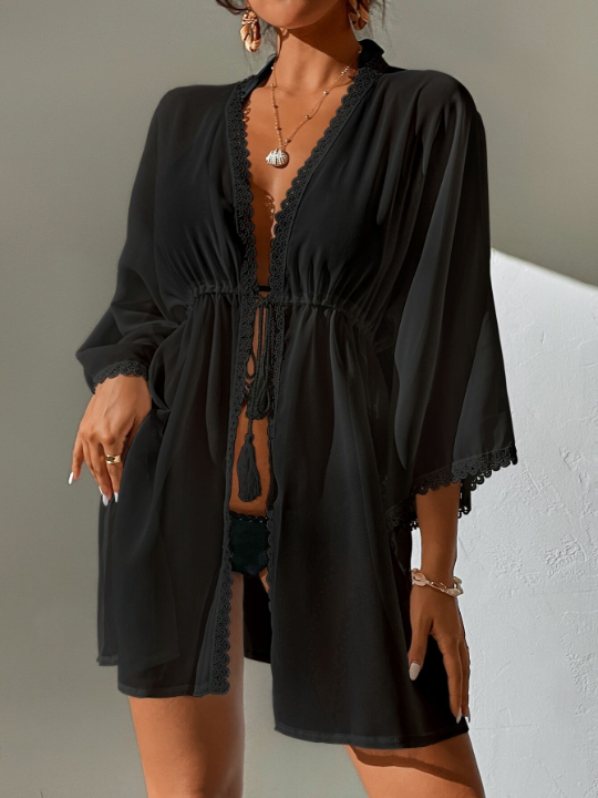 Swim Vcay Contrast Lace Tie Front Kimono