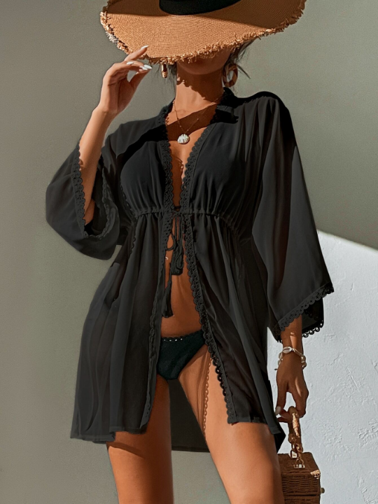 Swim Vcay Contrast Lace Tie Front Kimono