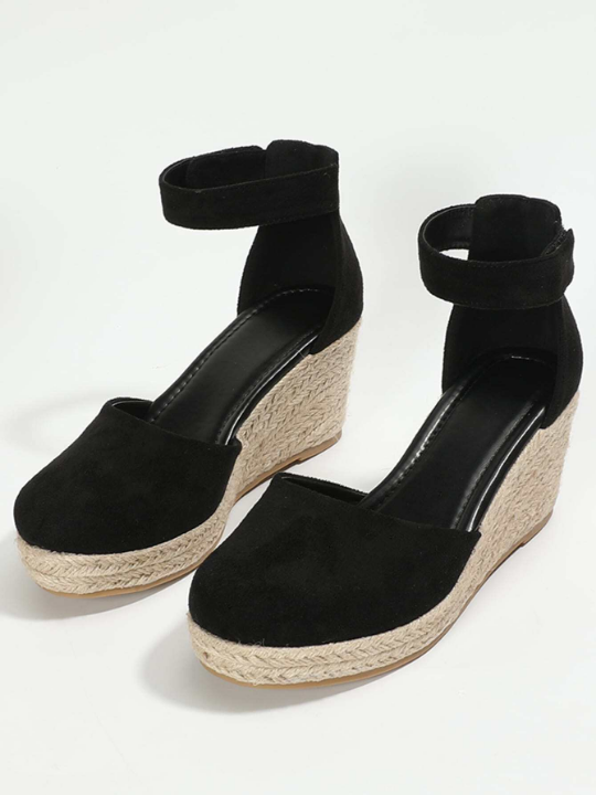 Vacation Black Shoes For Women, Ankle Strap Espadrille Wedge Court Shoes