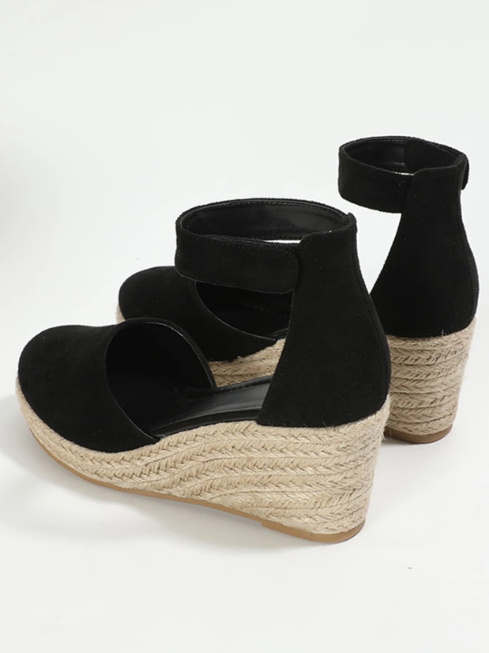 Vacation Black Shoes For Women, Ankle Strap Espadrille Wedge Court Shoes