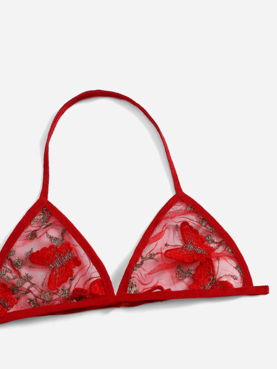 Floral Embroidered Mesh Triangle Lingerie Set