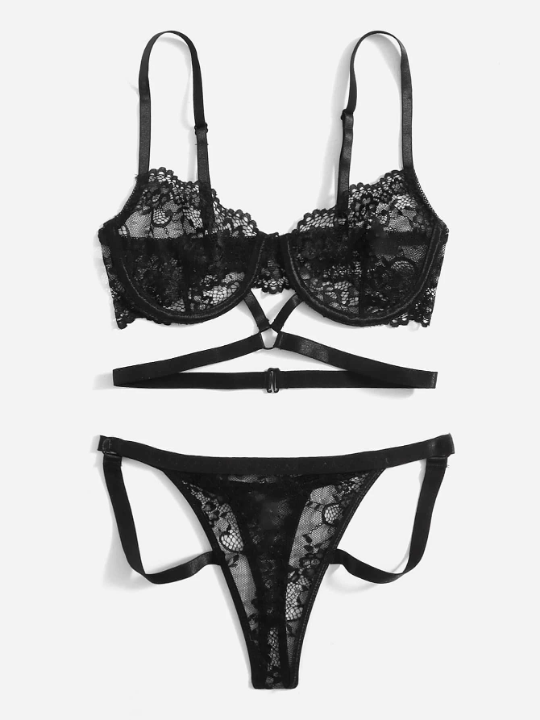 ROMWE Kawaii X Gabiciamp Contrast Lace Ring Linked Lingerie Set