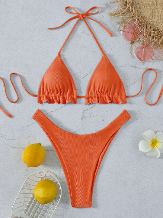 Swim Basics Rib Frill Trim Halter Triangle Bikini Swimsuit