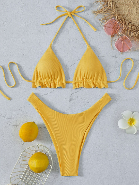 Swim Vcay Plain Rib Frill Trim Halter High Cut Bikini Swimsuit