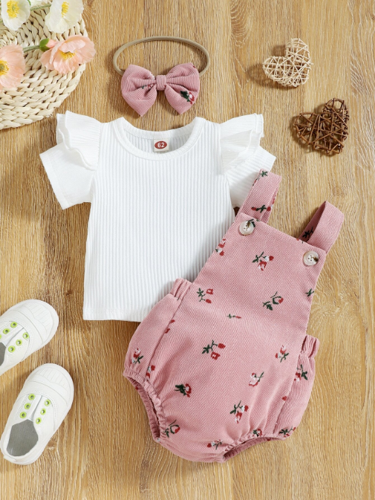 Baby Girl Ruffle Trim Tee & Floral Print Bodysuit Without Headband