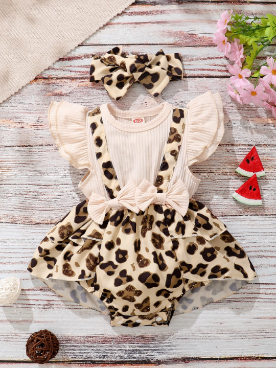 Baby 2 In 1 Leopard Bow Front Bodysuit With Headband