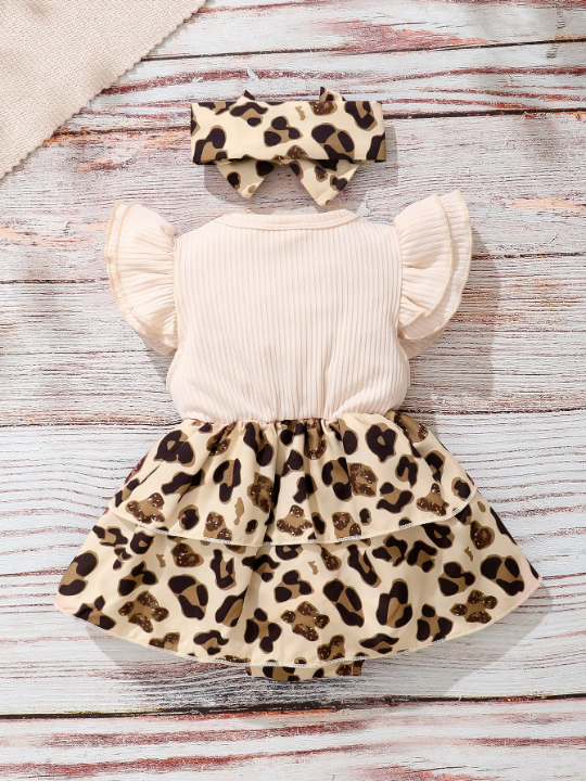 Baby 2 In 1 Leopard Bow Front Bodysuit With Headband