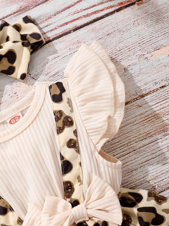 Baby 2 In 1 Leopard Bow Front Bodysuit With Headband